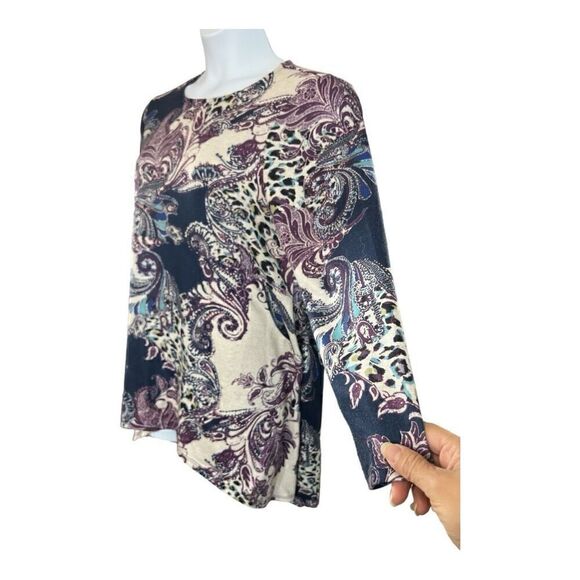 Chicos Purple Blue Printed High Low Tunic Size 2(Large) Long-Sleeve Pockets - Picture 2 of 13